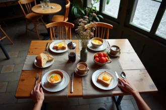 Table de brunch gourmand dans un bistro lillois avec toast au levain, œufs mollets, café français et fruits frais sur nappe en lin