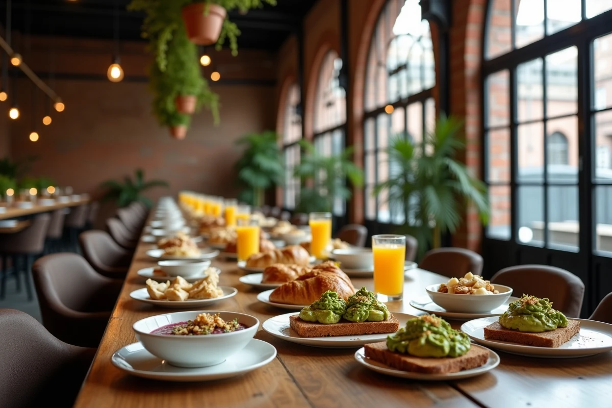 Grande table de brunch dans un restaurant industriel lillois avec tartines avocat, bols açaï, croissants et jus d'orange frais