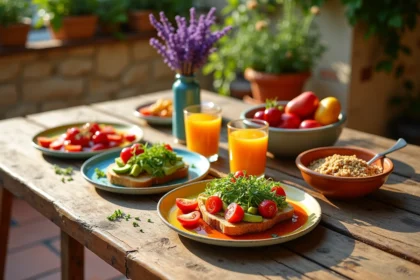 Table de brunch végétarien gourmand sur une terrasse ensoleillée à Hyères, avec toast avocat, granola, fruits frais et jus d'orange dans un décor provençal