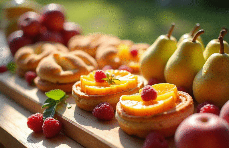 Buffet de desserts avec nectarines et nashi sur une table ensoleillee