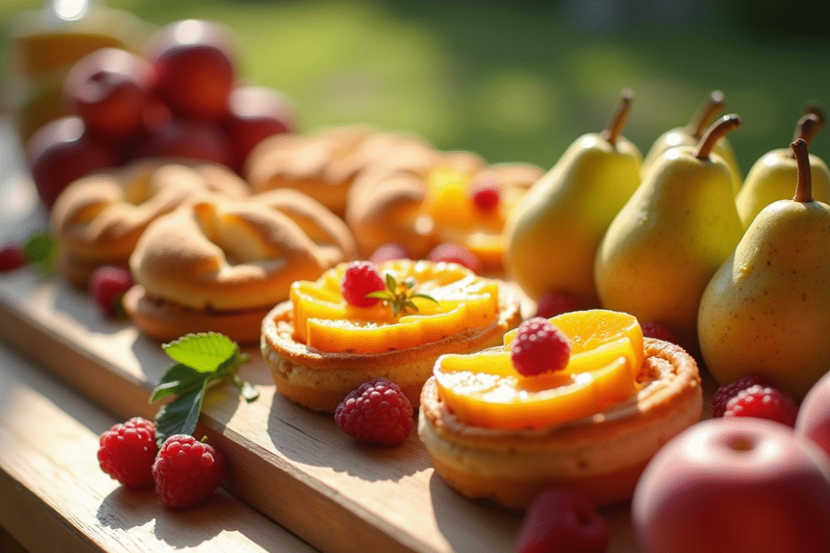 Buffet de desserts avec nectarines et nashi sur une table ensoleillee