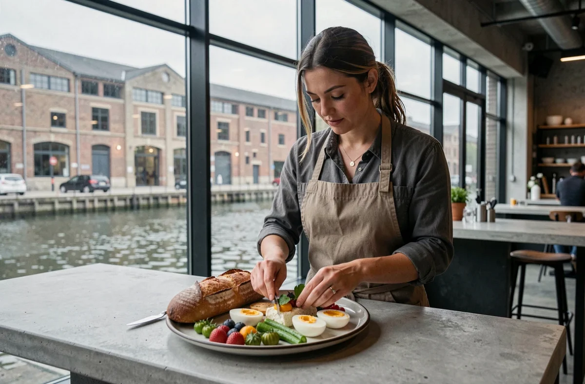 Cheffe arrangeant une assiette de brunch composé sur un comptoir en béton au restaurant Cabas à Pantin avec vue sur le canal