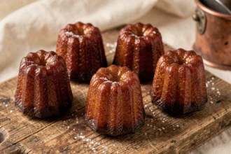Canelés bordelais dorés et caramélisés sur une planche en bois rustique, vus de dessus