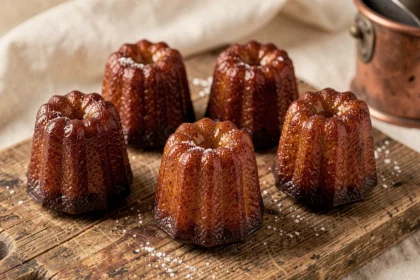 Canelés bordelais dorés et caramélisés sur une planche en bois rustique, vus de dessus