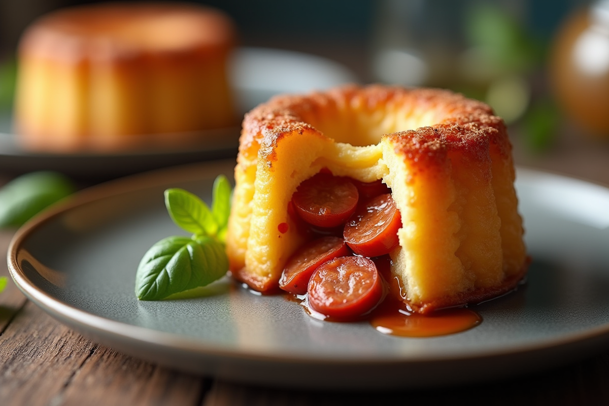 Cannelé au chorizo en coupe sur assiette mate