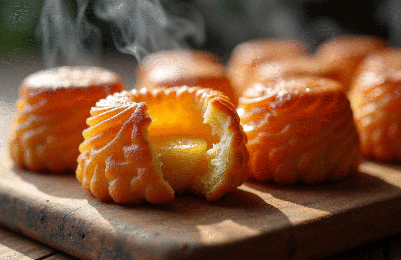 Cannelés au chorizo dorés sur planche en bois