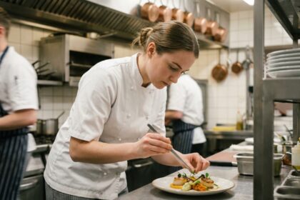 Jeune cuisinière diplômée du CAP cuisine qui dresse une assiette avec précision dans une cuisine professionnelle de restaurant