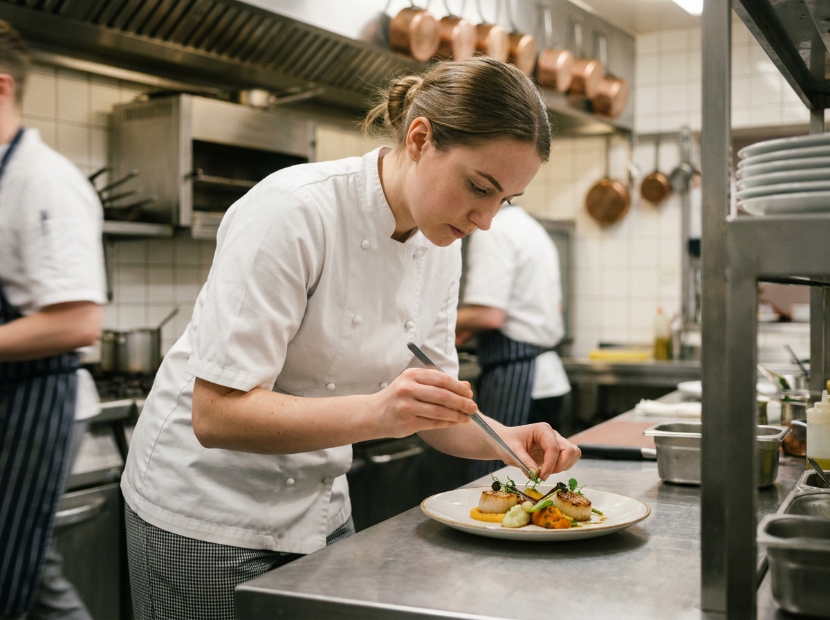Jeune cuisinière diplômée du CAP cuisine qui dresse une assiette avec précision dans une cuisine professionnelle de restaurant