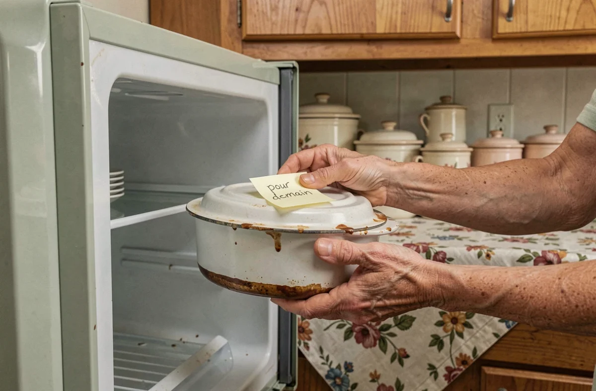 Mains de grand-mère rangeant la cocotte de carbonade flamande au réfrigérateur la veille pour la cuisson du lendemain, cuisine traditionnelle belge