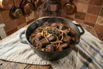 Carbonade flamande mijotant dans une cocotte en fonte sur une table de cuisine de grand-mère, sauce brune à la bière belge avec carottes et oignons caramélisés