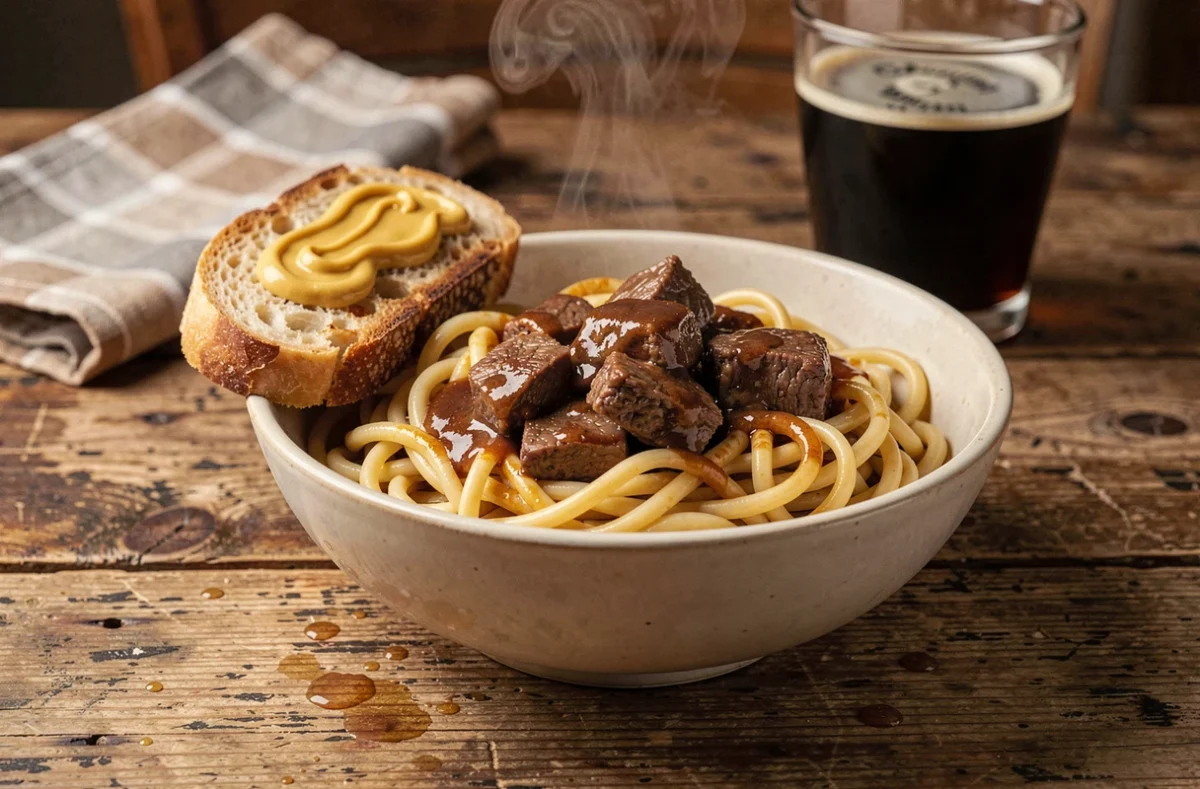 Bol de carbonade flamande réchauffée le lendemain servie sur des nouilles avec une tranche de pain moutardé, repas traditionnel belge