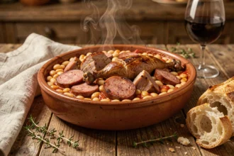 Cassoulet toulousain traditionnel dans sa terrine en céramique avec croûte dorée, saucisse de Toulouse et confit de canard, posé sur une table en chêne rustique