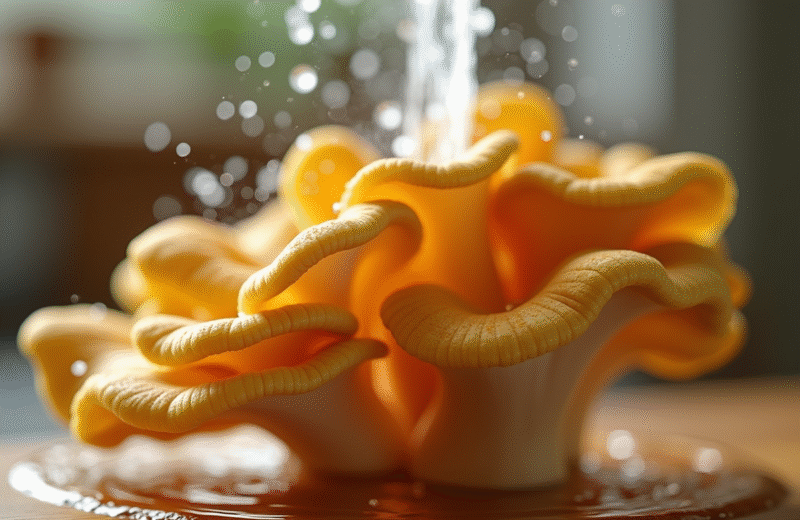 Champignons de chanterelle fraîchement nettoyés sous l'eau