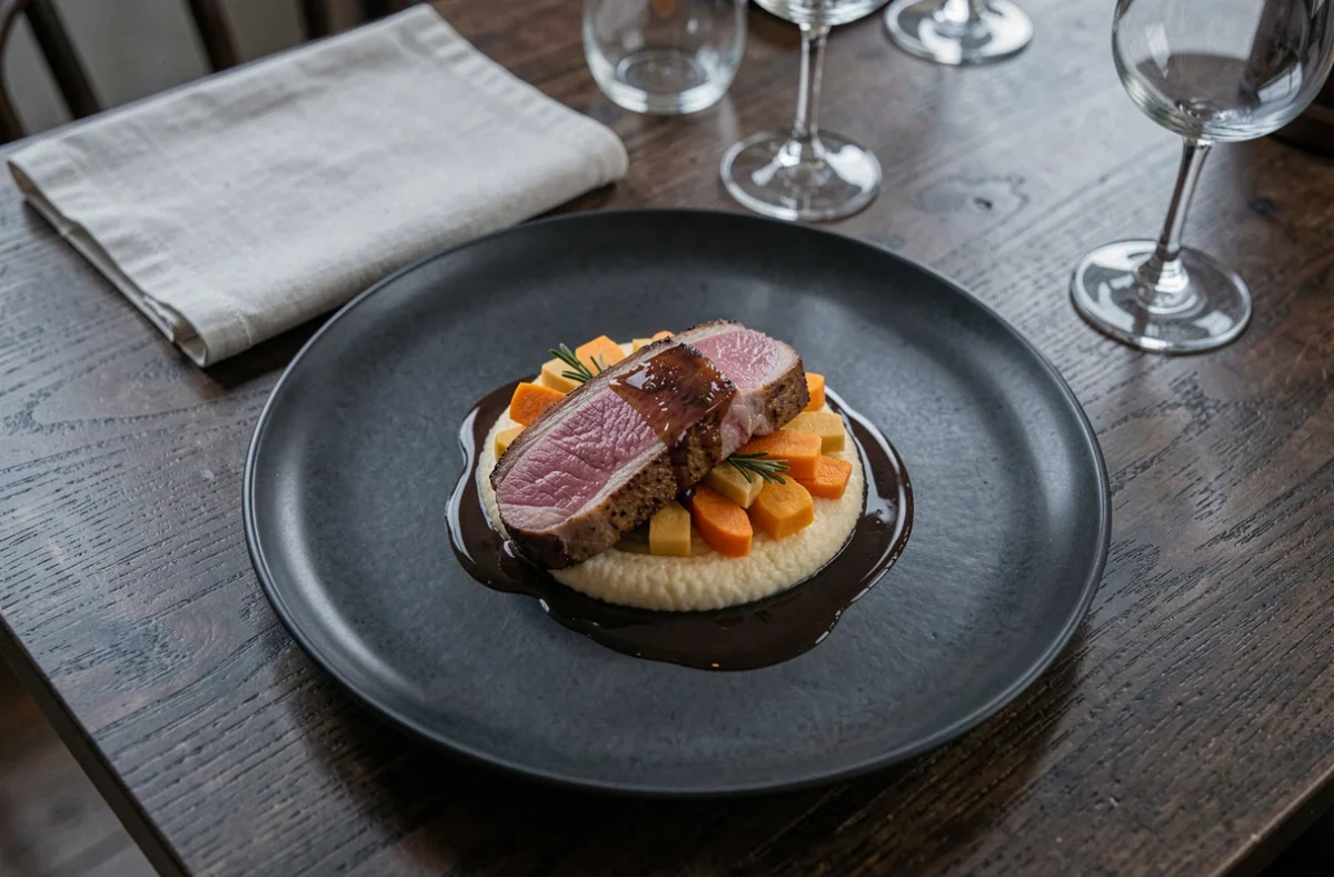 Assiette gastronomique du Chapeau Rouge de William Frachot à Dijon, magret de canard bourguignon et purée de légumes racines sur céramique noire mate