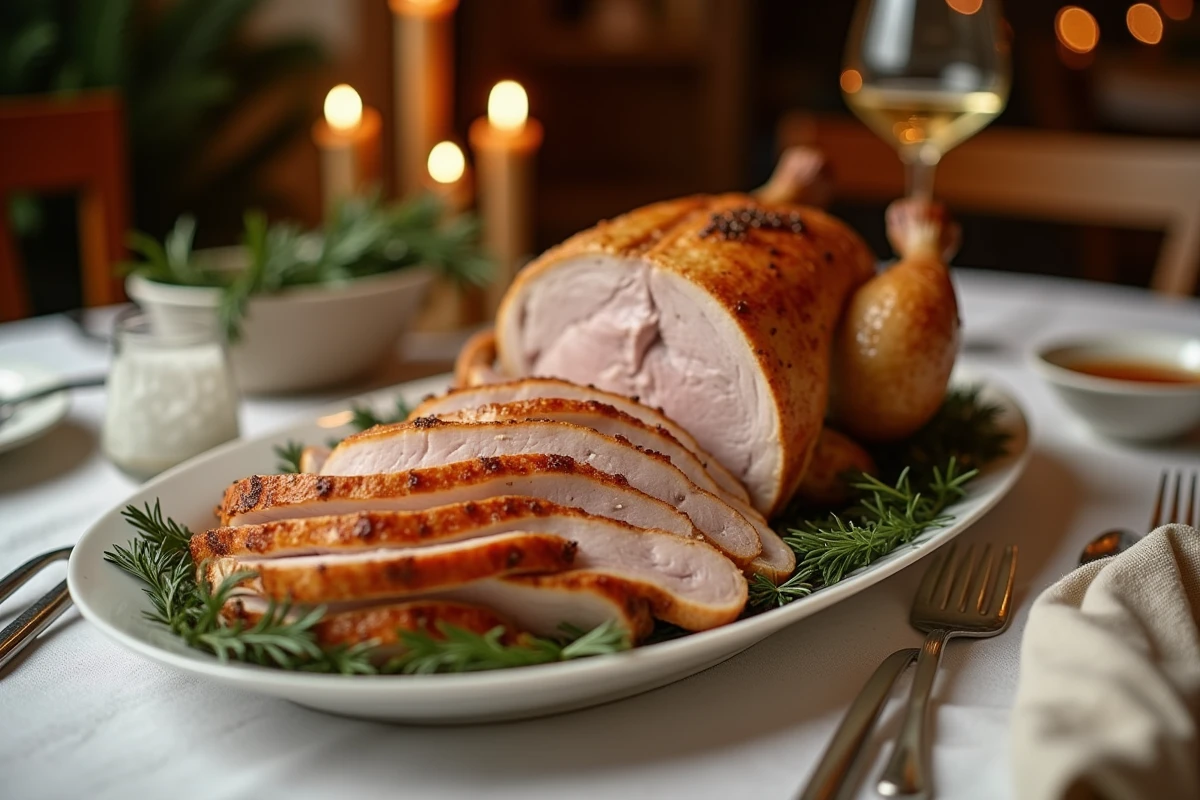 Chapon rôti découpé et servi sur un plat ovale blanc lors d'un repas de fête de Noël traditionnel