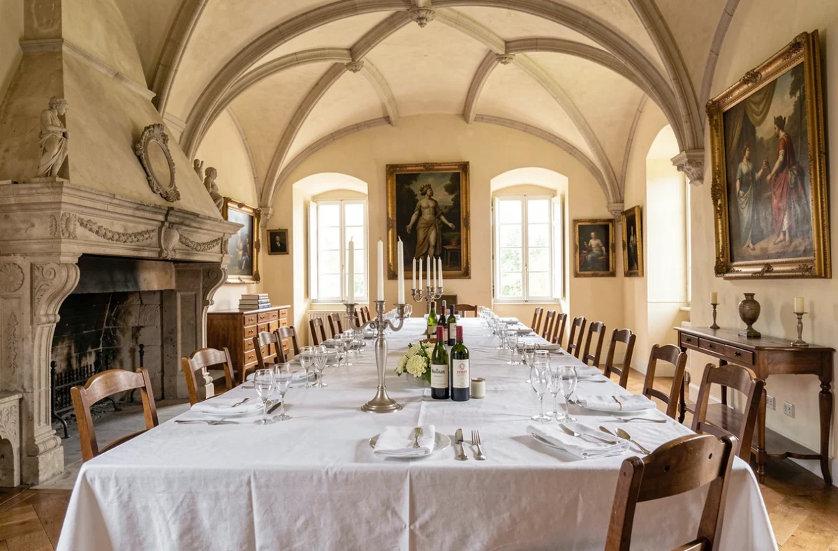 Salle à manger gastronomique du Château de Germigney dans le Jura, cheminée en pierre, tableaux anciens et table dressée avec chandeliers argentés et vins jurassiens