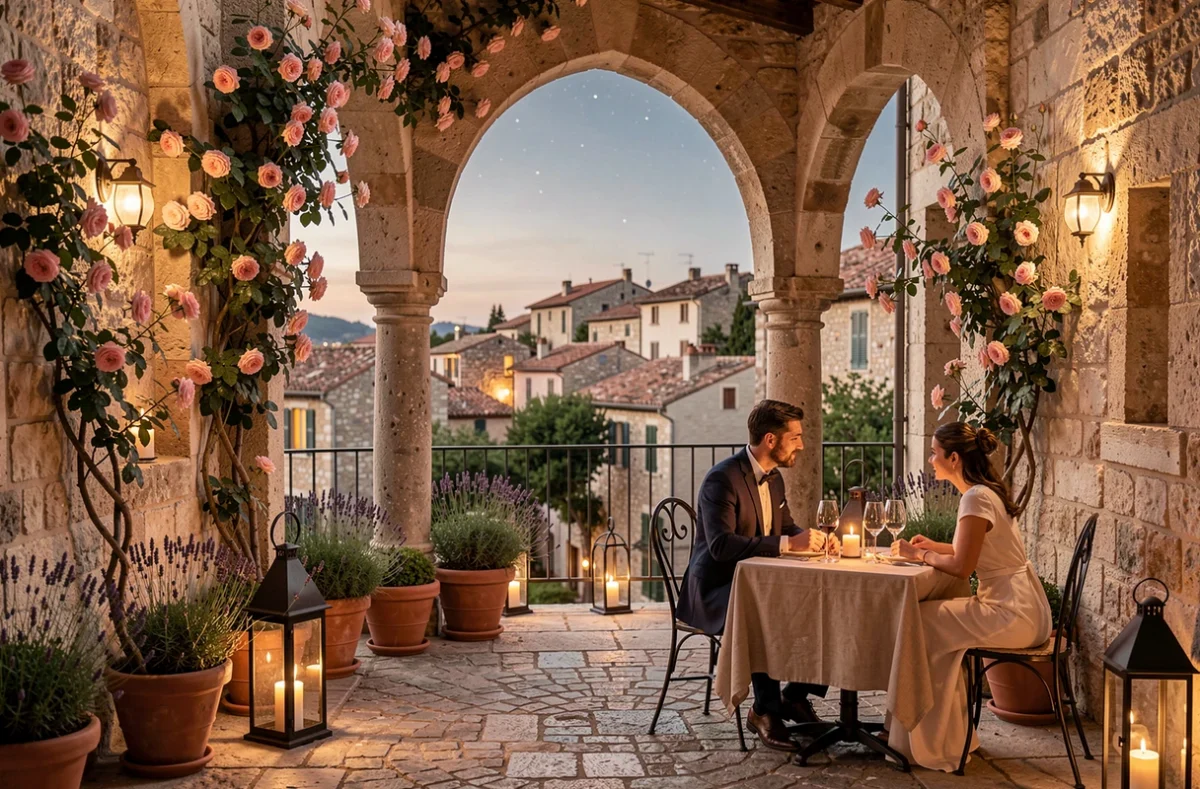 Terrasse médiévale du Château Le Cagnard à Cagnes-sur-Mer avec arches en pierre et jardin fleuri au cœur du village perché