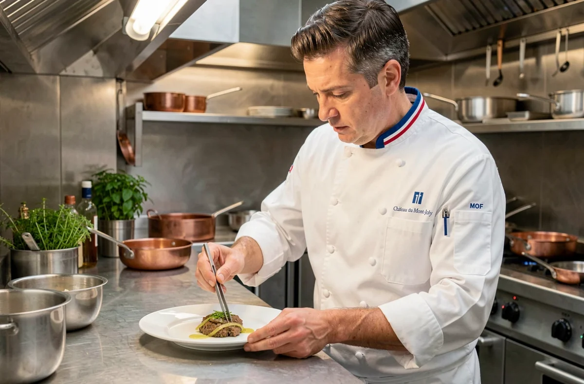 Chef MOF du Château du Mont-Joly à Sampans finissant une assiette gastronomique avec une pince en cuisine, veste blanche avec col tricolore distintif
