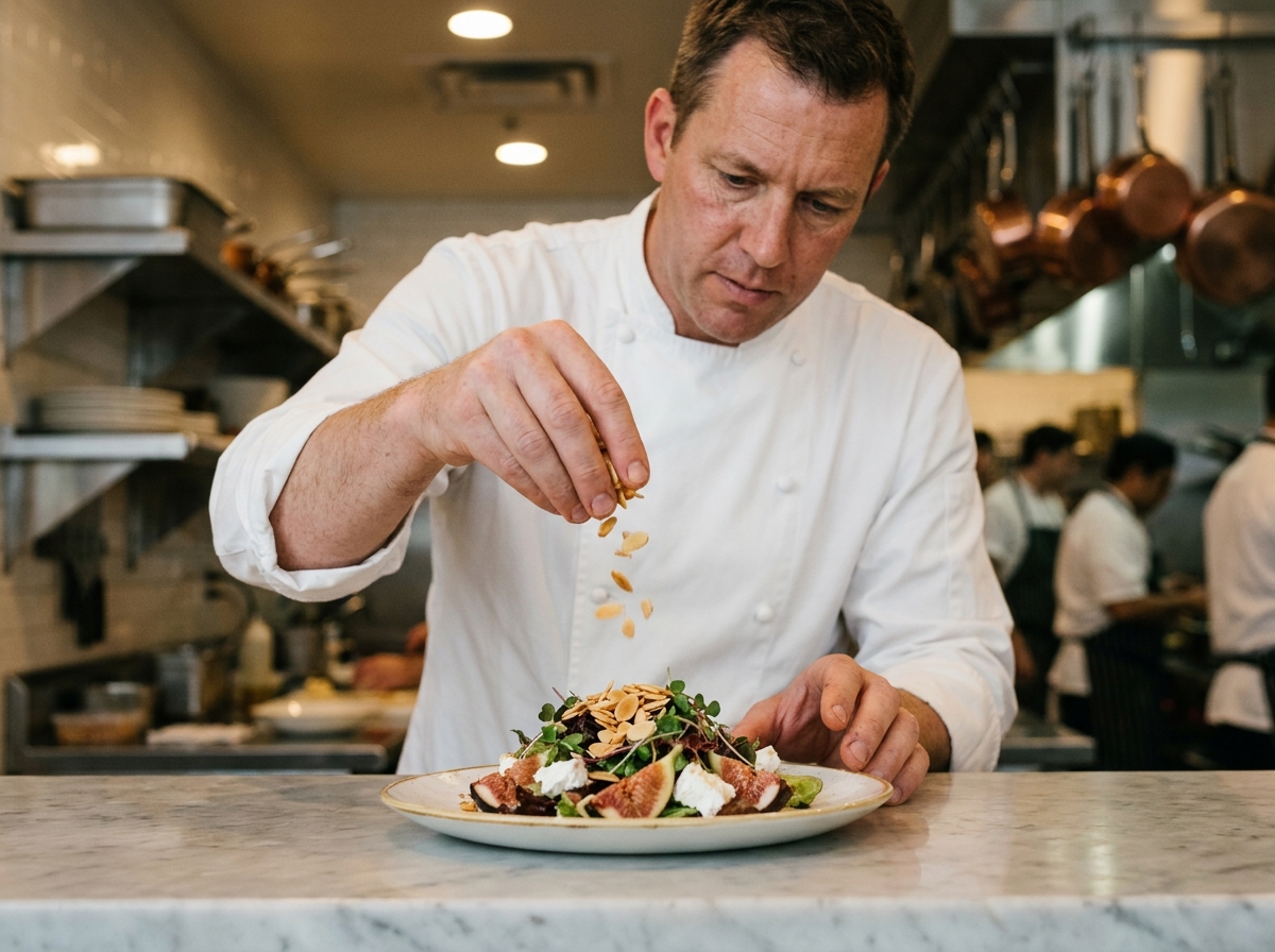 Chef de restaurant ajoutant des amandes effilées grillées sur un plat gastronomique en cuisine professionnelle