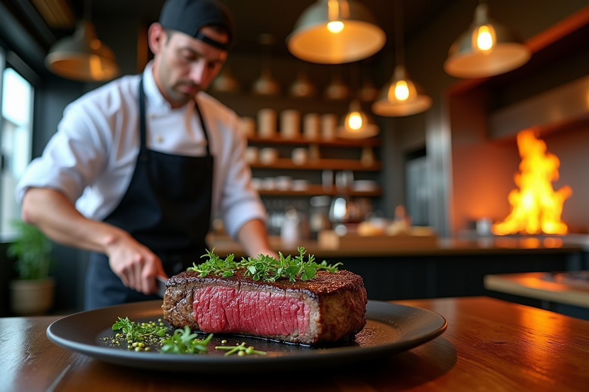 Chef tranchant un steak juteux dans une cuisine moderne à Lyon