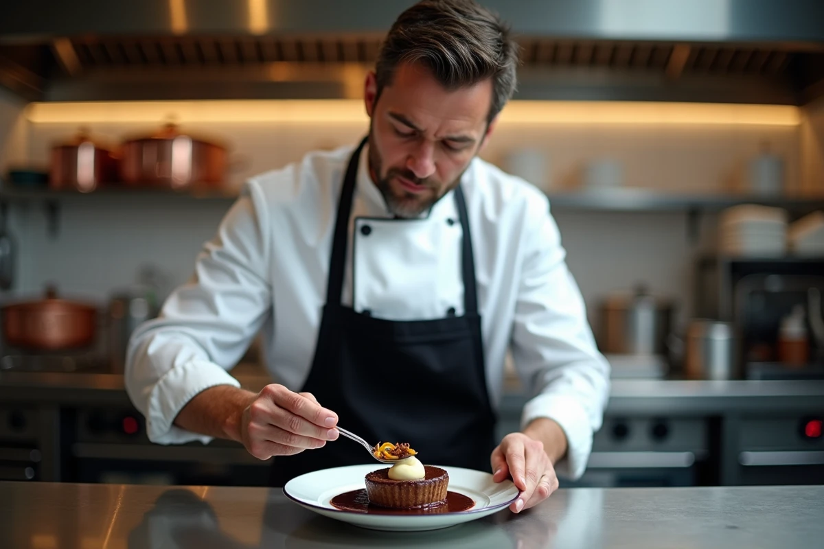 Chef cuisinier du restaurant Raffiné Rivoli dressant un dessert au chocolat dans une cuisine professionnelle parisienne