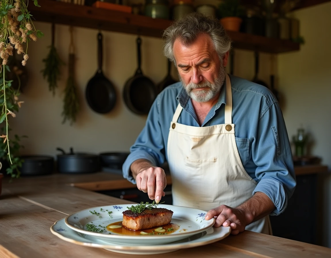 Chef cuisinier aveyronnais en tablier blanc préparant un plat d'agneau rôti dans une cuisine traditionnelle du terroir
