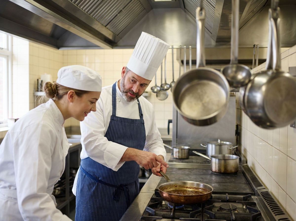 Chef cuisinier expérimenté encadrant un apprenti CAP cuisine devant une réduction en sauce dans une cuisine de restaurant professionnelle