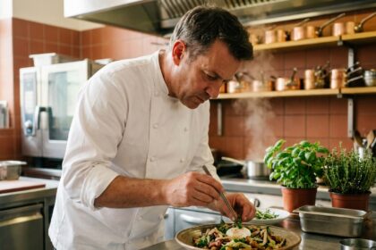 Chef cuisinier lyonnais en veste blanche dressant une assiette gastronomique dans une cuisine professionnelle