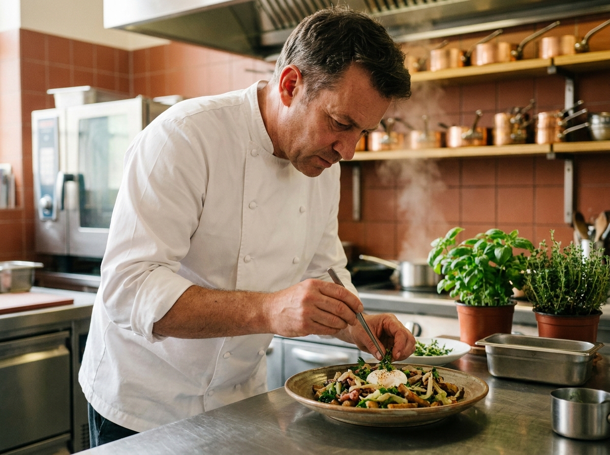 Chef cuisinier lyonnais en veste blanche dressant une assiette gastronomique dans une cuisine professionnelle