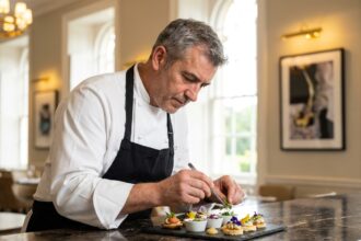 Chef en cuisine raffinée préparant des amuse-bouches