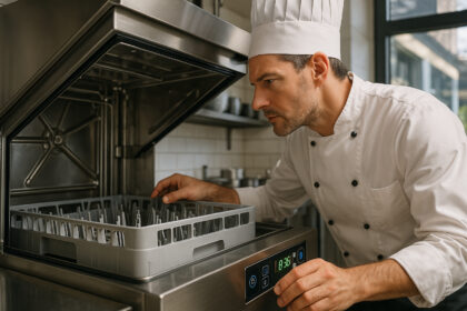 Chef professionnel inspectant lave-vaisselle en cuisine moderne