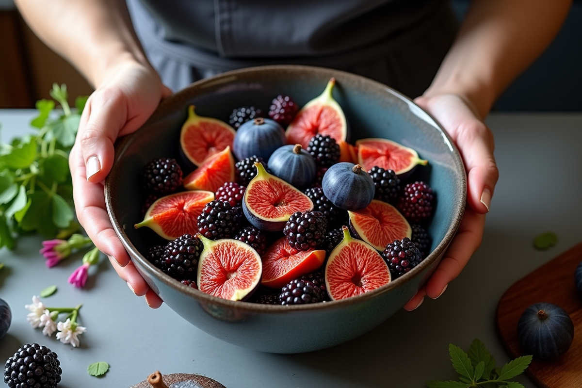 Chef arrangeant des figues et baies dans un bol pour l article