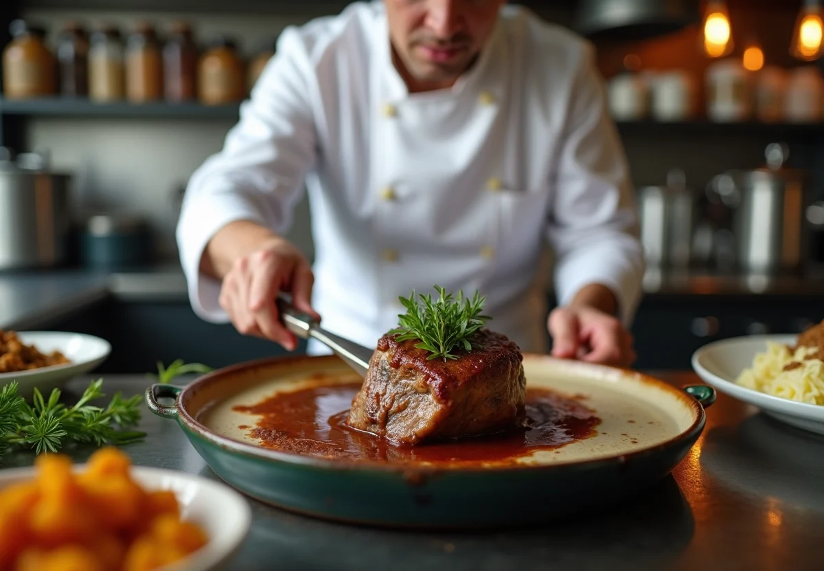 Chef en cuisine professionnelle dressant un gigot d'agneau braise dans une cocotte