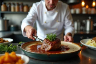 Chef en cuisine professionnelle dressant un gigot d'agneau braise dans une cocotte