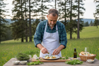 Chef en plein air dressant un plat de fromages et herbes