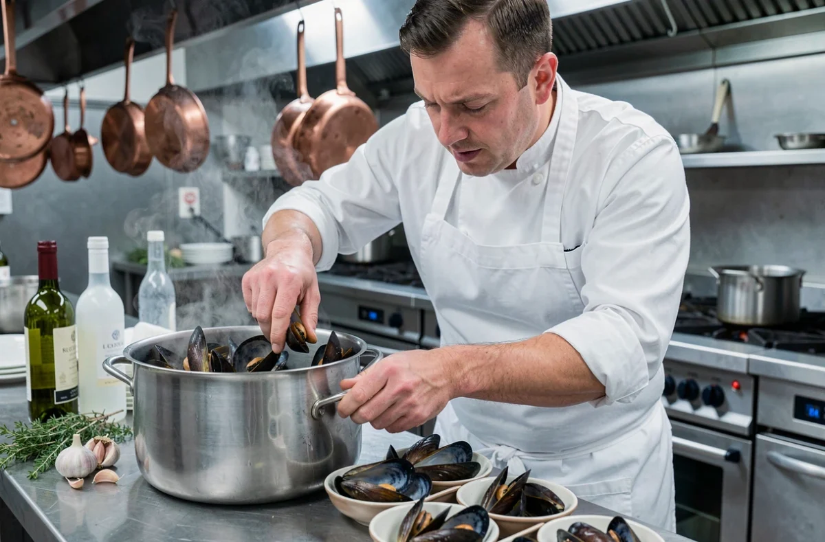 Chef cuisinier portionnant des moules en cuisine professionnelle pour un service festif, illustrant la quantité par personne
