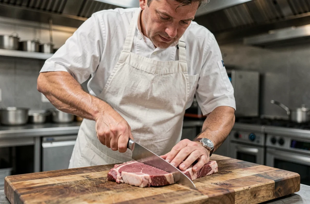 Chef préparant une picanha de veau en incisant le cap de gras avec un couteau sur un billot de boucher en bois