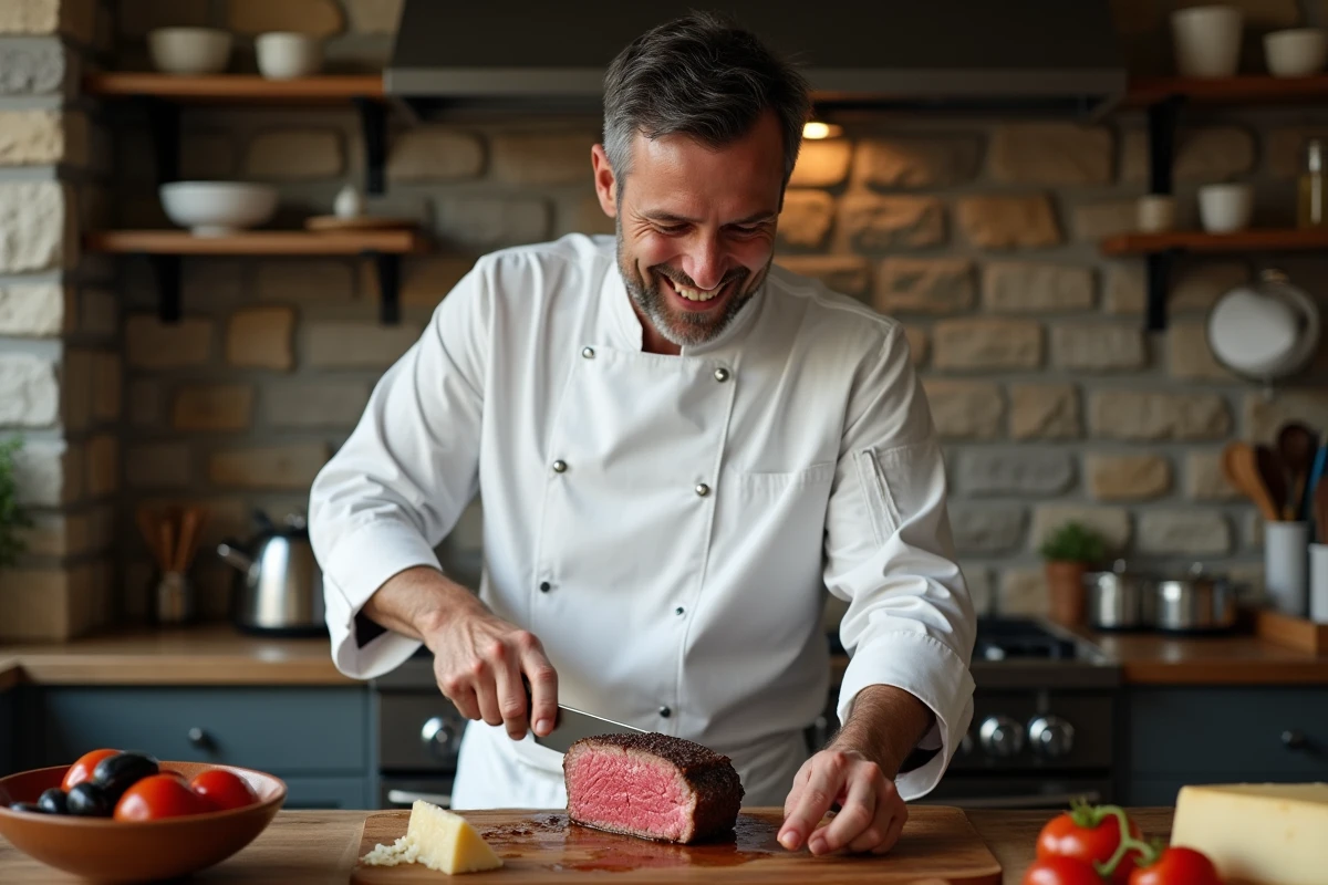 Chef en blanc coupant un filet mignon italien