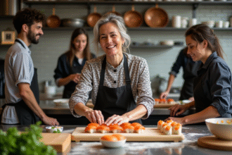 Chef souriante préparant des sushis colorés avec un groupe