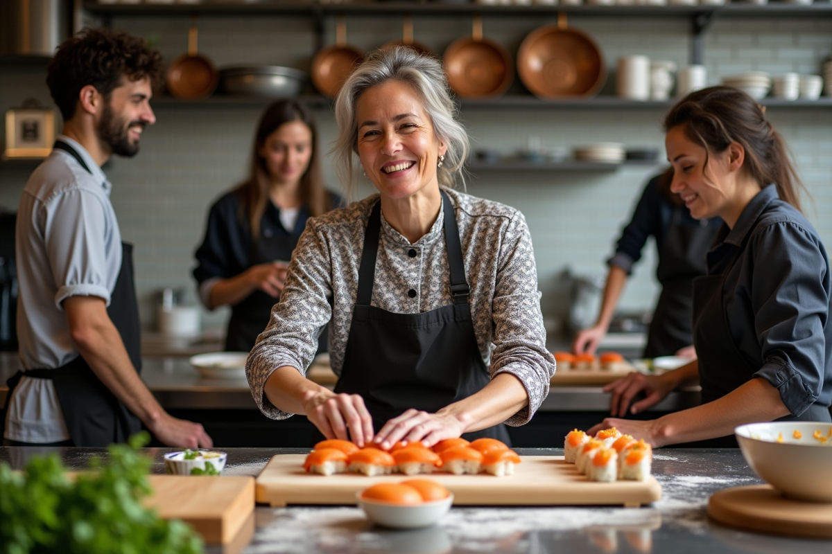 Chef souriante préparant des sushis colorés avec un groupe