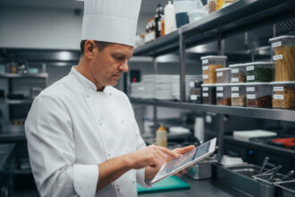 Chef professionnel utilisant une tablette en cuisine
