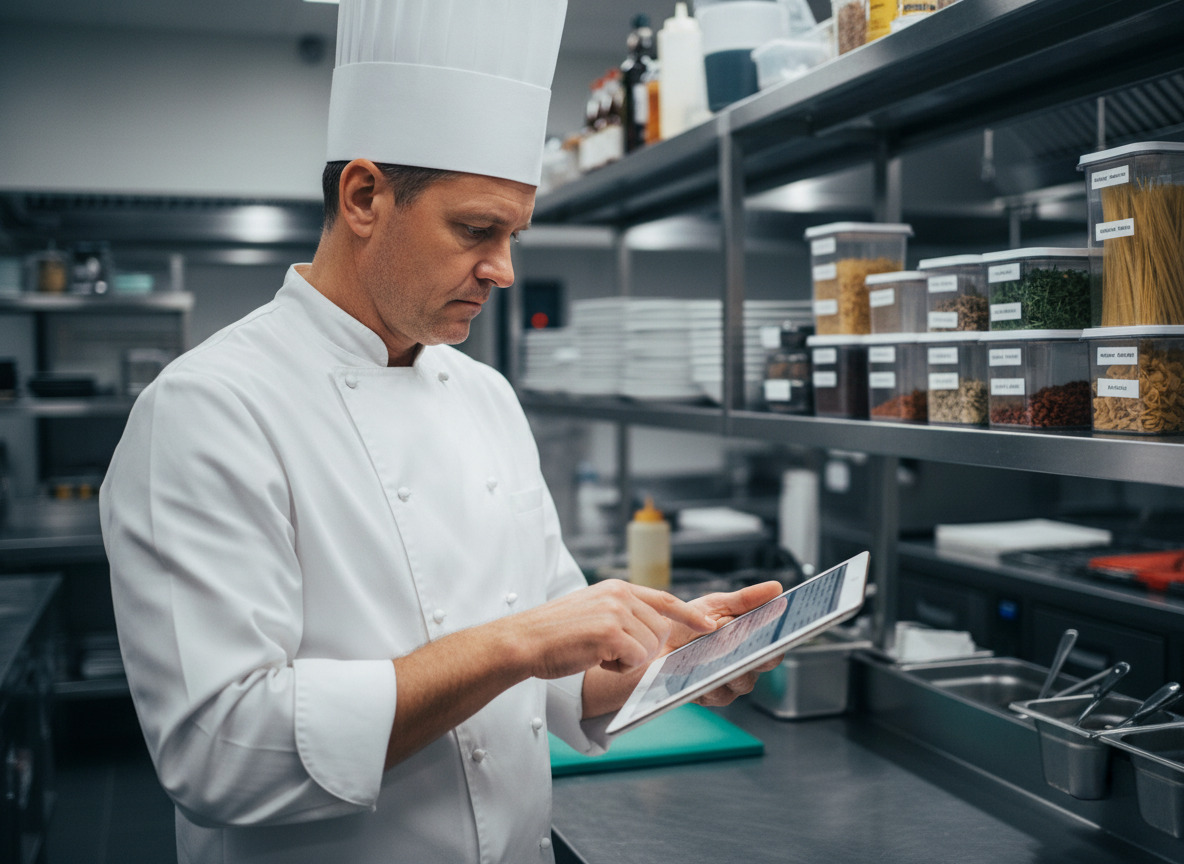Chef professionnel utilisant une tablette en cuisine