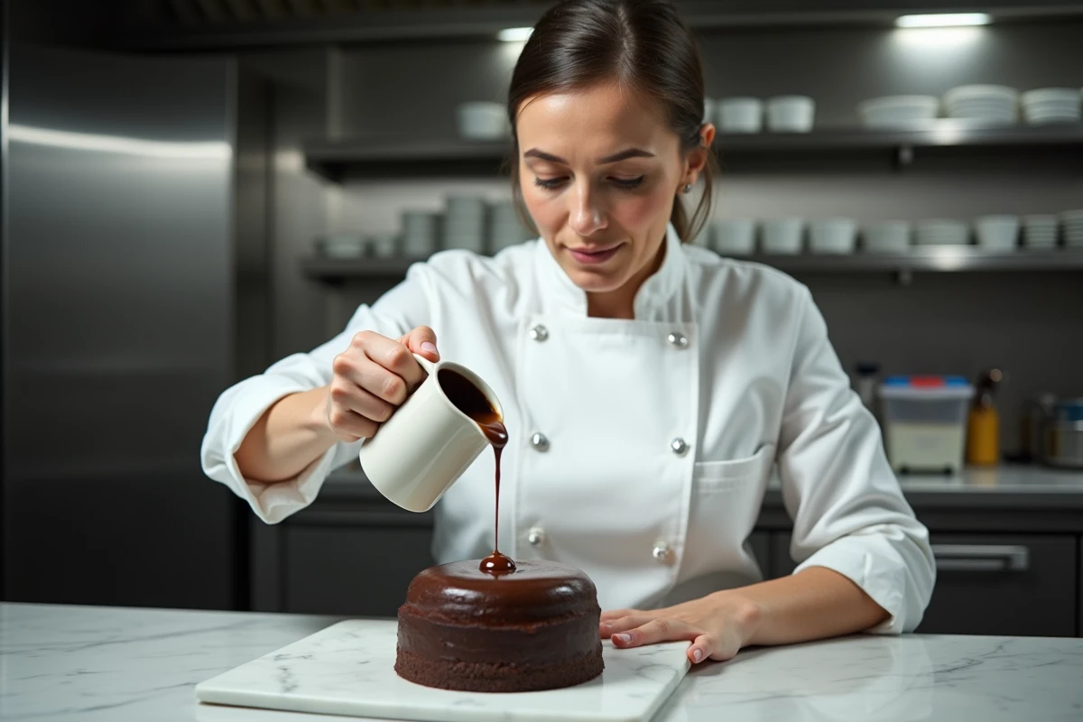 Cheffe pâtissière versant du Baileys sur un fondant au chocolat noir dans une cuisine de boulangerie professionnelle