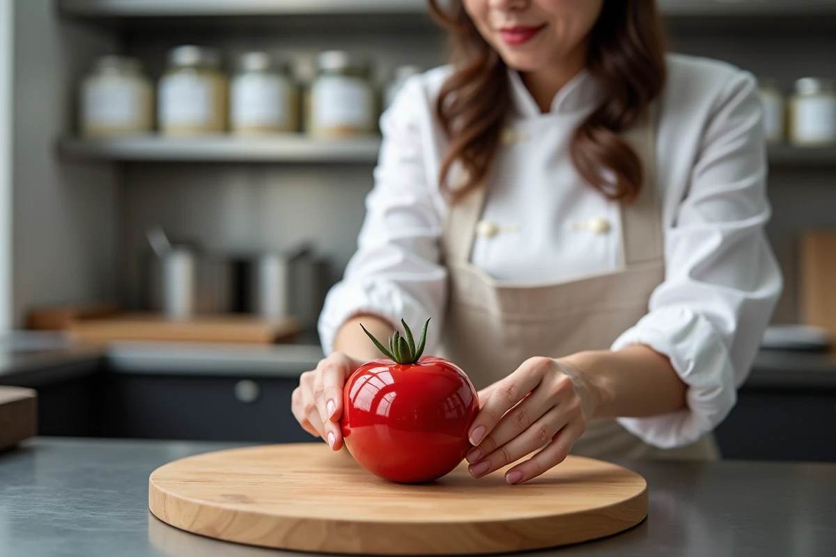 Cheffe pâtissière plaçant un dessert trompe l'oeil en forme de tomate en mousse et glaçage miroir dans une cuisine professionnelle