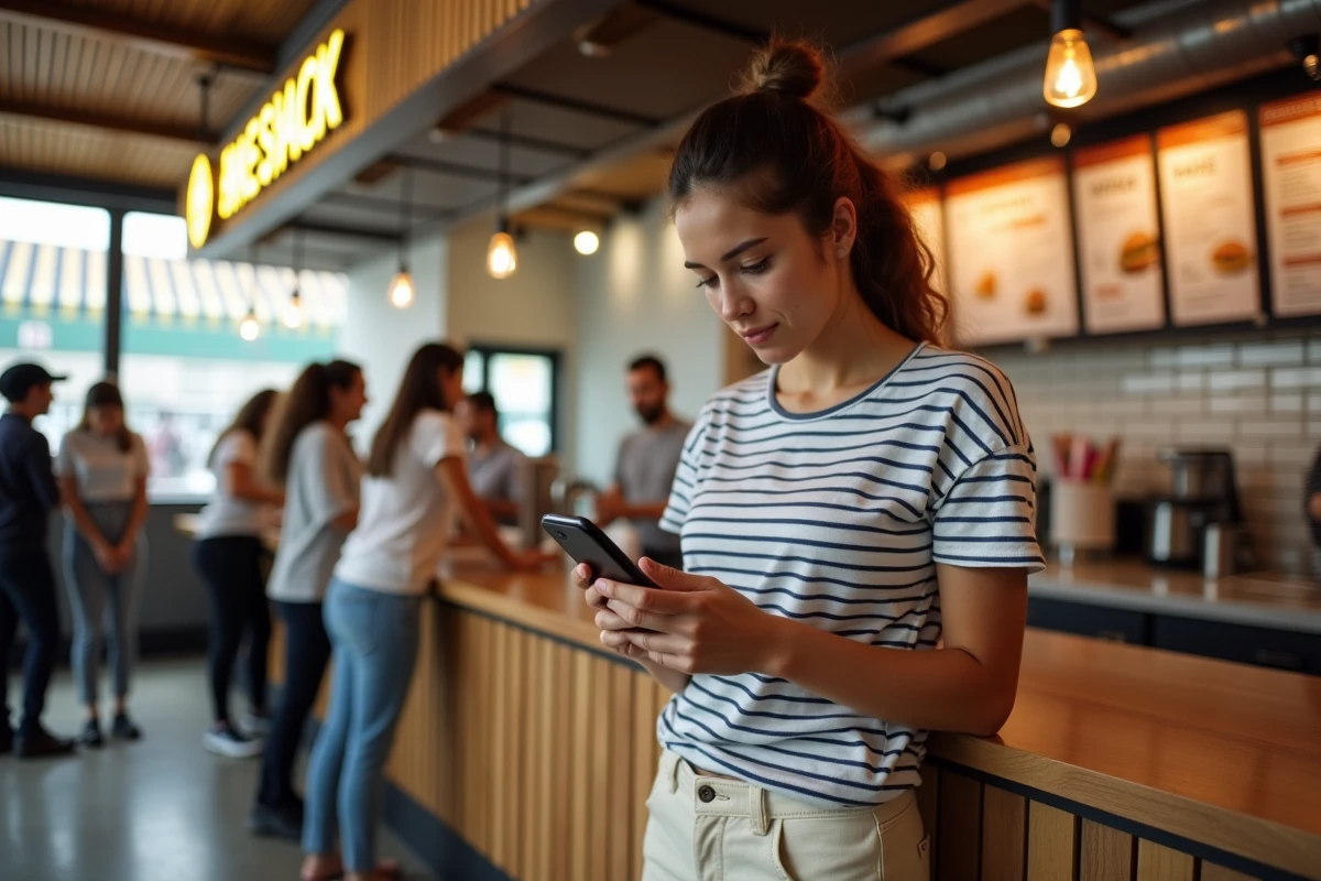 Femme utilisant une application mobile pour commander chez Shake Shack et éviter la file d'attente