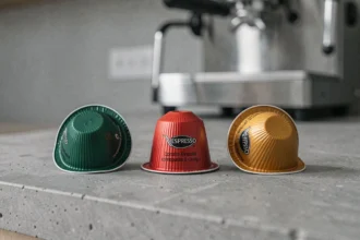 Comparaison de capsules compatibles Nespresso et capsules originales côte à côte sur un plan de travail en béton