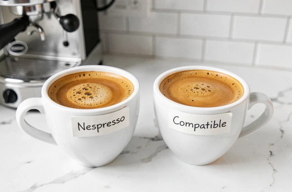Comparaison de la crema entre un expresso Nespresso original et une capsule compatible dans deux tasses blanches
