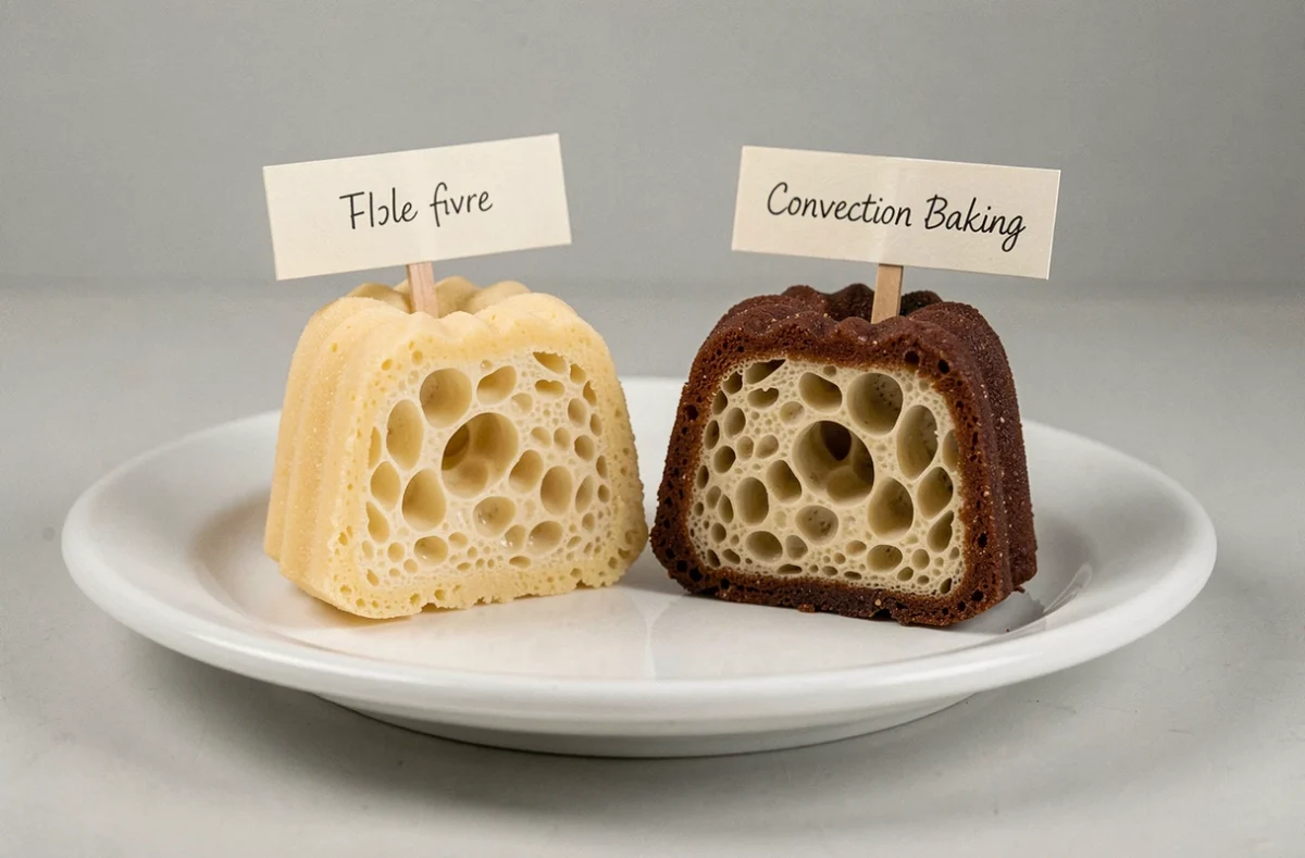 Comparaison de deux canelés coupés en deux montrant la différence de cuisson chaleur tournante et statique