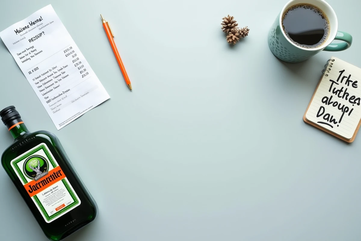 Vue de dessus d'une bouteille de Jägermeister avec un reçu et un smartphone comparant les prix en ligne