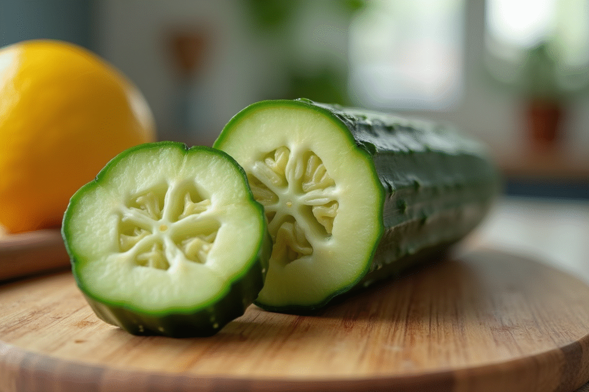 Concombre coupé montrant des signes d'espouille dans une cuisine lumineuse